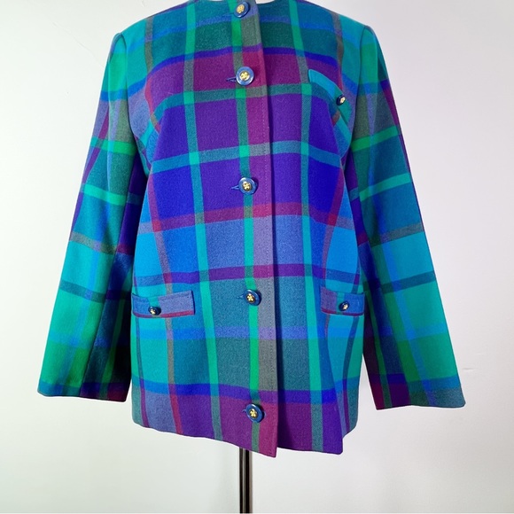 Vintage Avoca Made in Ireland Purple & Green Checked Wool Jacket Size S - Picture 2 of 11